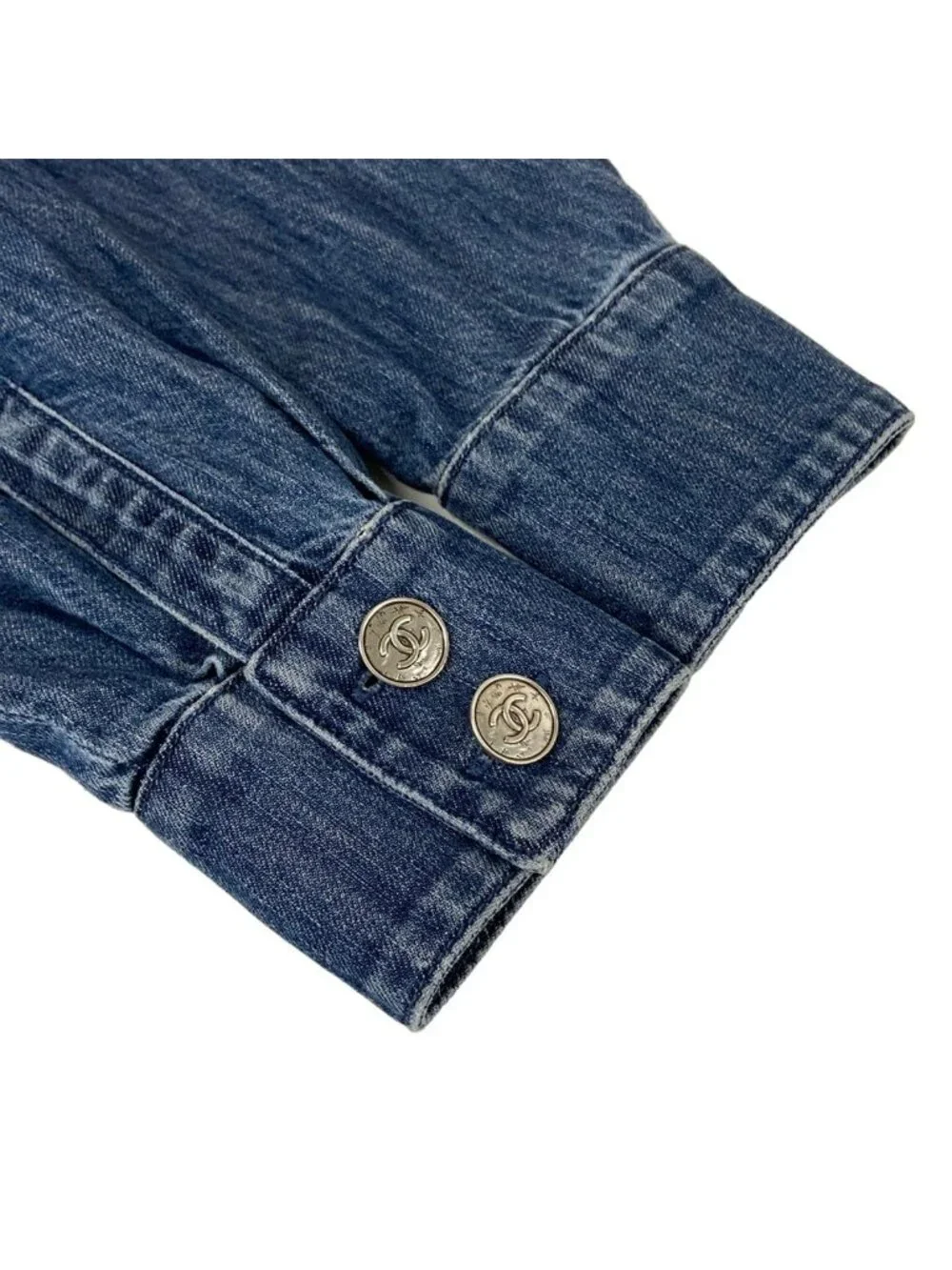 Chanel Long Sleeve Blouse S Blue Denim CC Logo Cotton 36